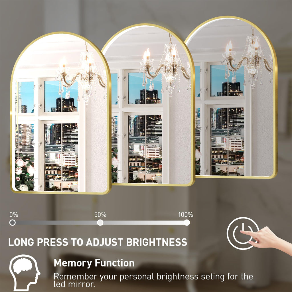 20x30 Inch Gold Framed Arched LED Mirror,3 Color