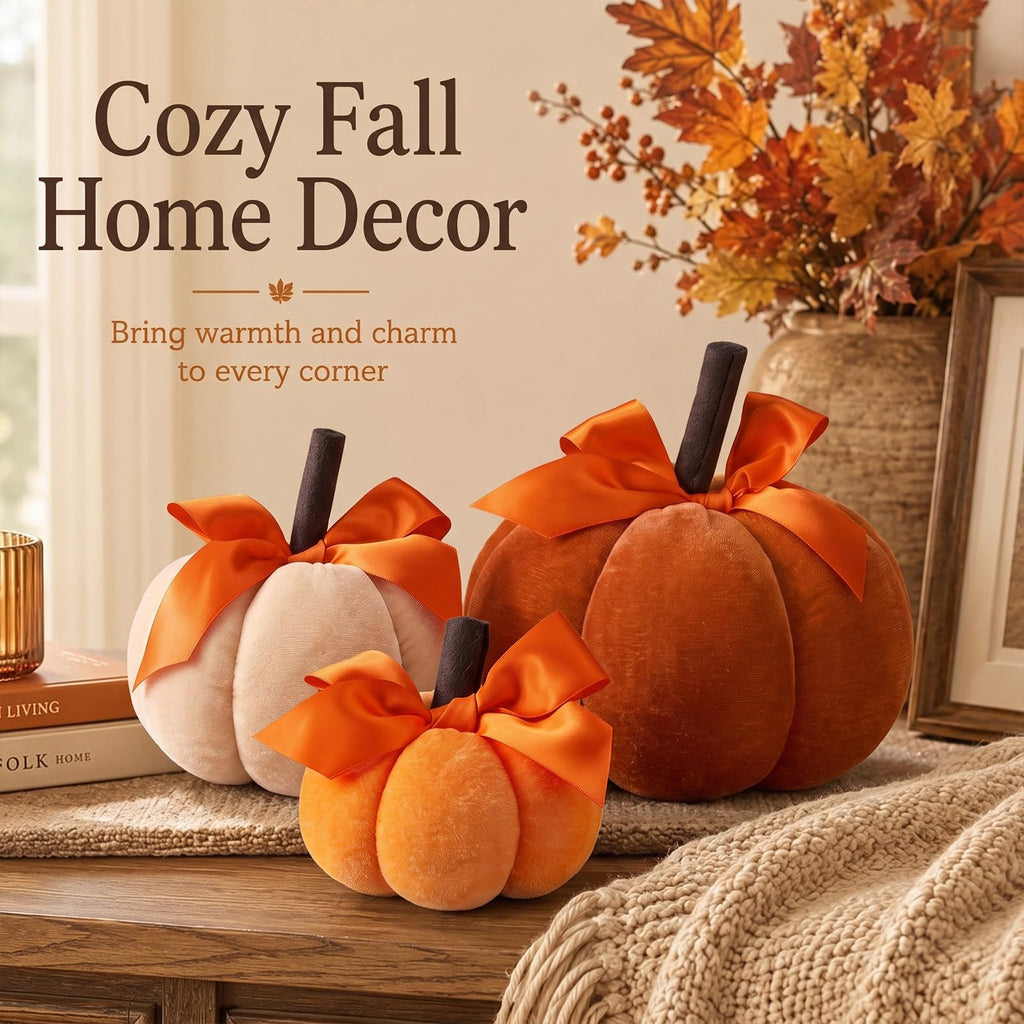 3 Pcs Fall Pumpkins Decor Velvet Farmhouse Pumpkins Decorative
