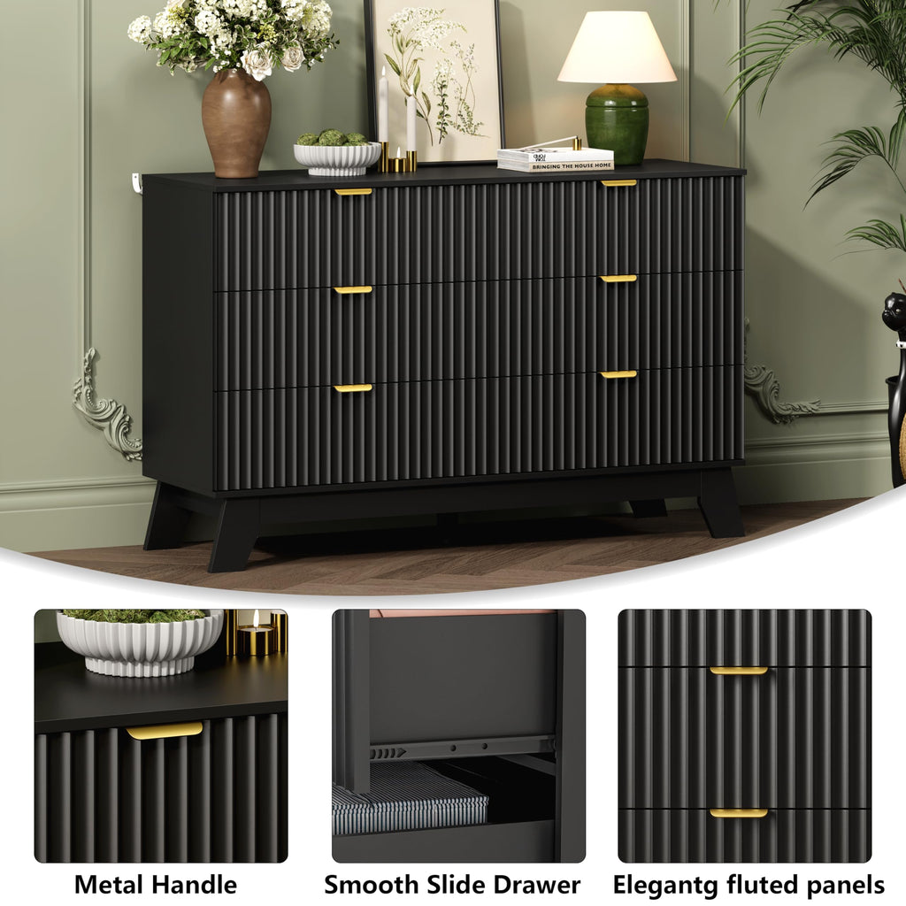 6 Drawer Fluted Dresser, Mid Century Modern Dresser with 6 Drawers, Dressers & Chests of Drawers with Metal Handle