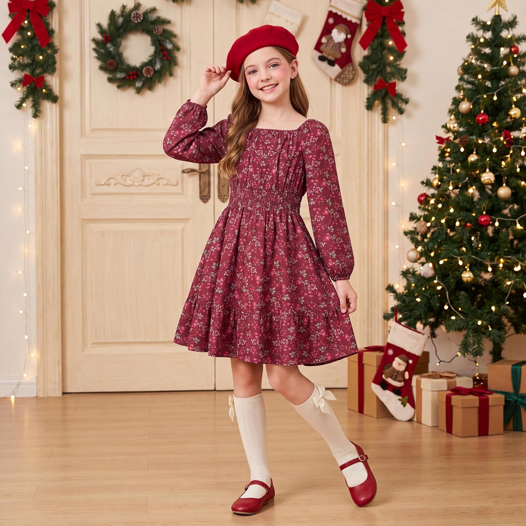 Girls Fall Dress Floral Long Sleeve Midi Smocked Waist Holiday