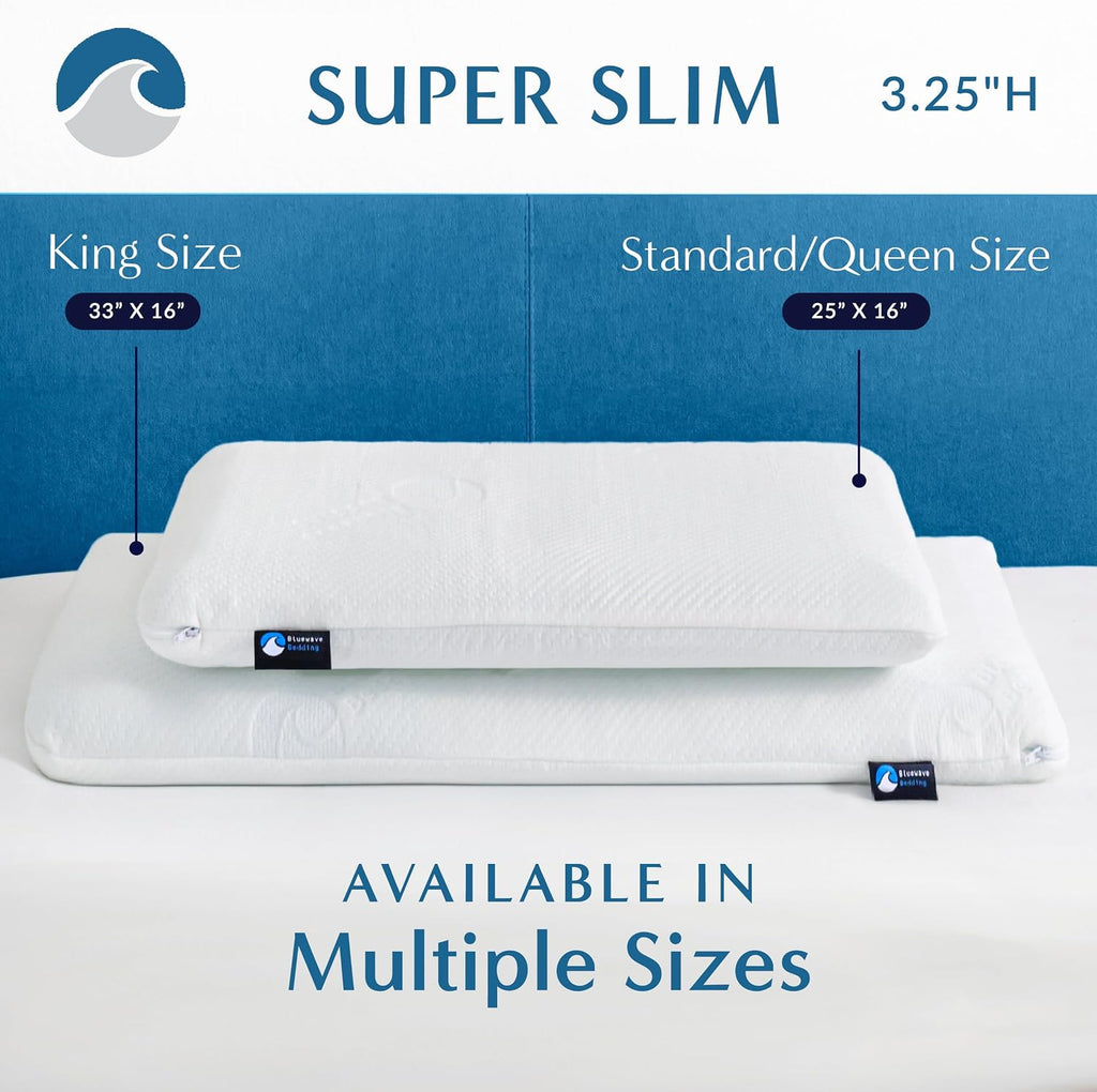 Bedding Super Slim Gel Memory Foam Pillow for Stomach and Back Sleepers - Thin, Flat Design for Cervical Neck