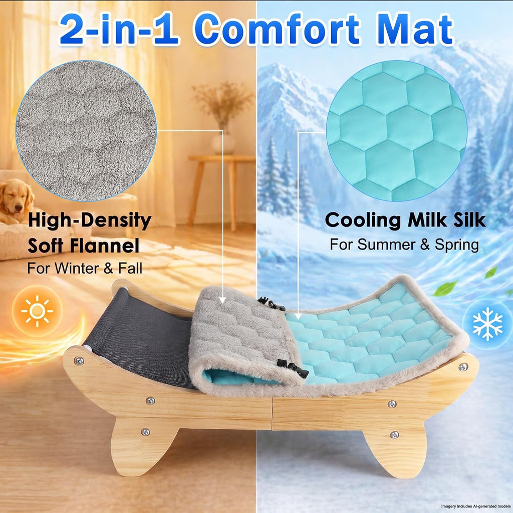 Elevated Cat Bed, Wooden Raised Cat Bed with Ice Cooling Mat