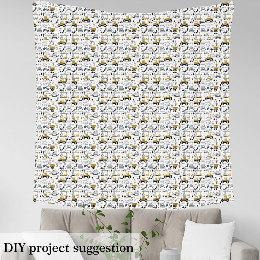 Cartoon Car Fabric by The Yard 36" L x 59" W, Tractor Truck Excavator Soft Polyester No Stretch Sewing, Cute Rainbow