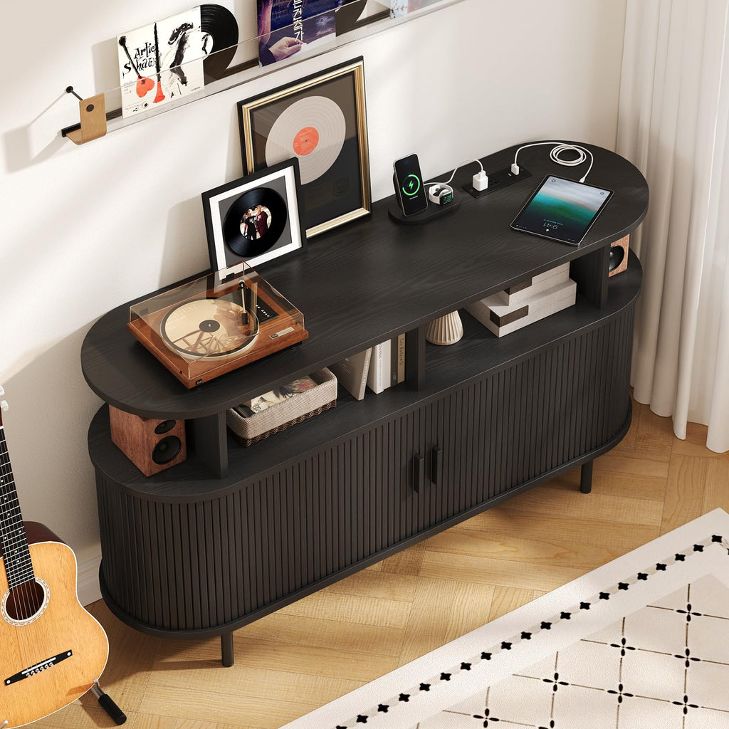 55" Large Round Record Player Stand with Charging Station, Black