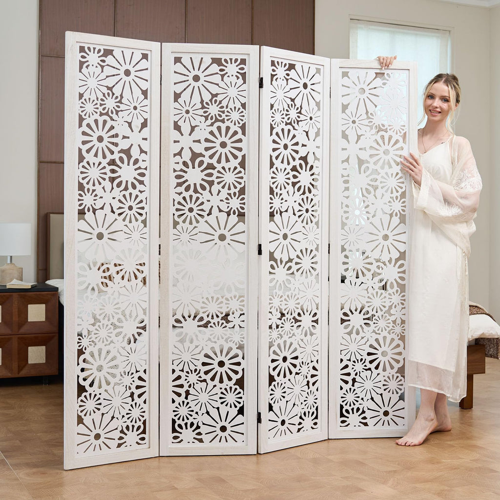 Folding Wood Room Divider Panel, 67 Inch Tall Daisy-Carved Privacy Screen - No-Assembly Required, Decorative Flower