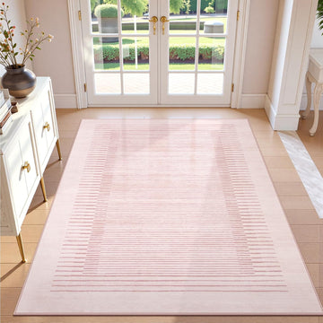Washable Striped Living Room Area Rug, Non-Slip Berber Stripe Pink Area Rugs Girls, Low Pile Soft Large Throw