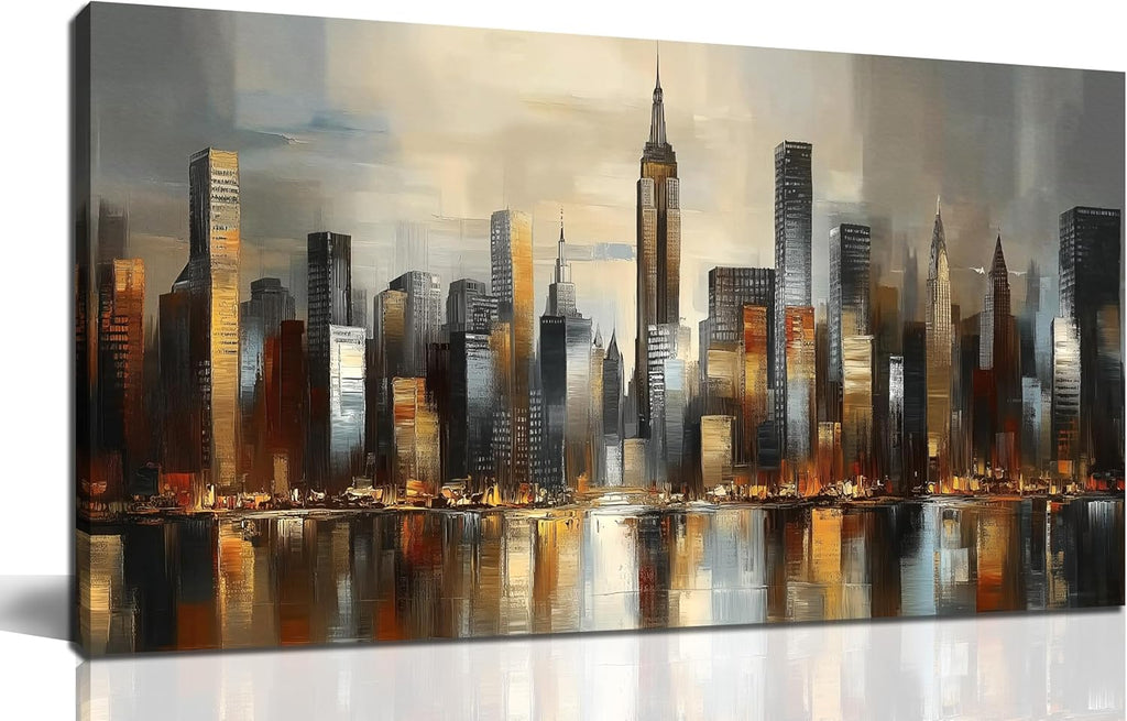 City Wall Art , Gold and Grey Wall-Decor , Modern Cityscape Poster Canvas Print, Size Inches