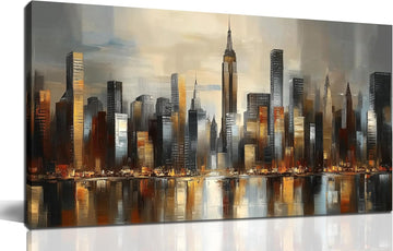 City Wall Art , Gold and Grey Wall-Decor , Modern Cityscape Poster Canvas Print, Size Inches
