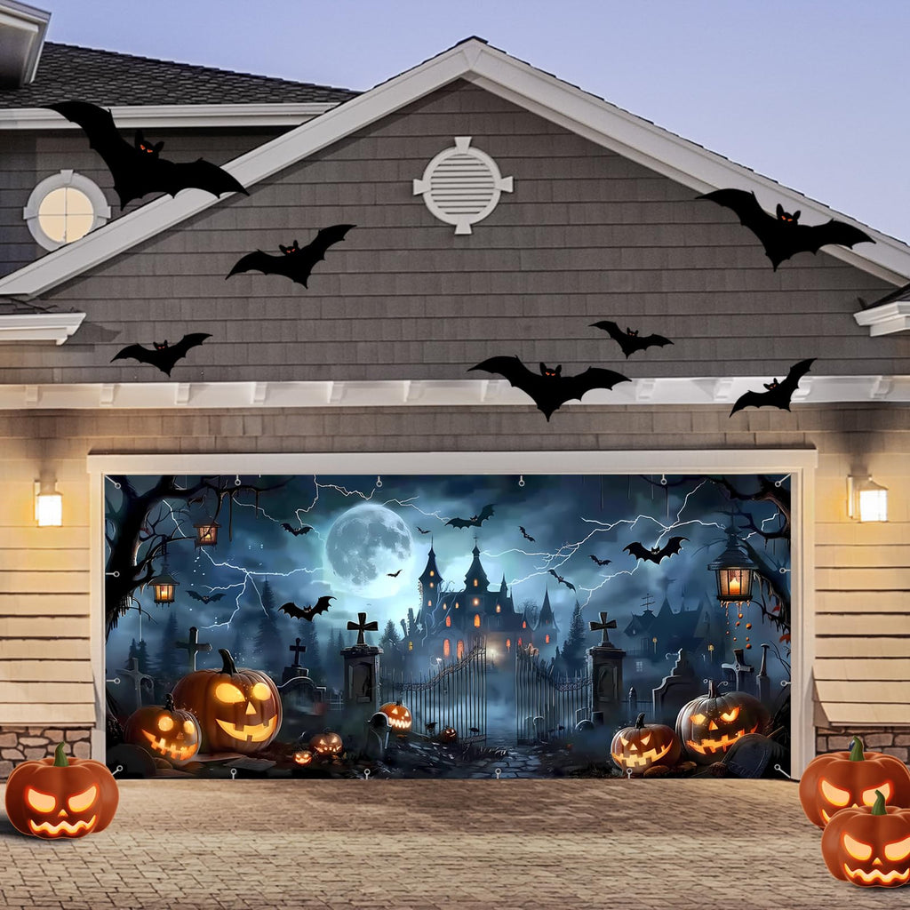 7x16ft Halloween Garage Door Cover Banner Large Hanging Backdrop Door Cover Gloomy Garage Wall Decoration Backdrop