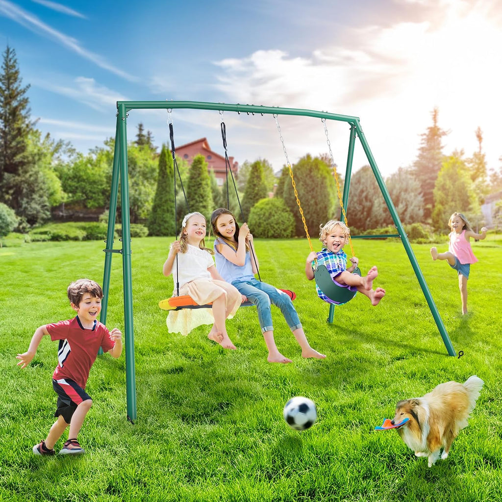 440lbs Swing Sets for Backyard, 2 Seat Saucer & Belt Swing - Green | Dual Swing Options, Heavy Duty A-Frame Metal