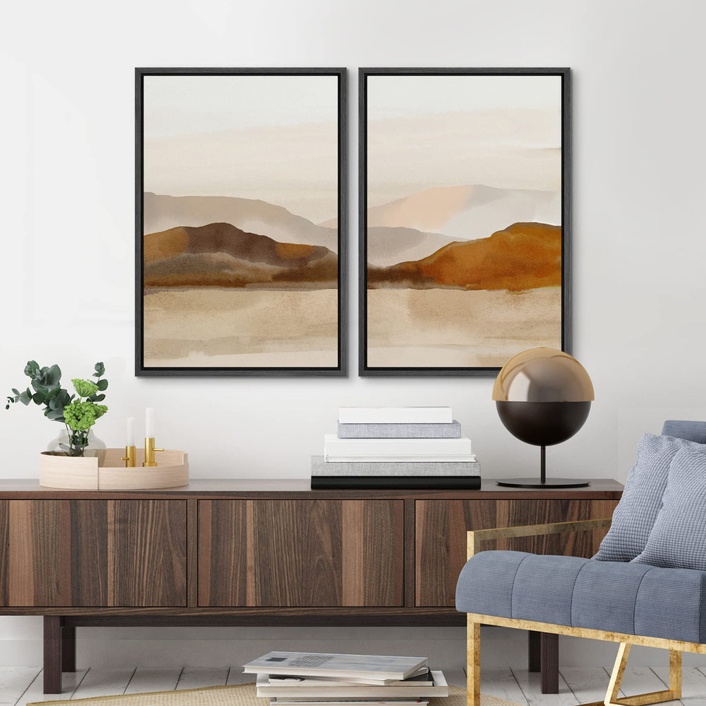 Framed Canvas Print Wall Art Pastel Brown Mountain Range Ocean Lake Wilderness Nature Illustrations Modern Art