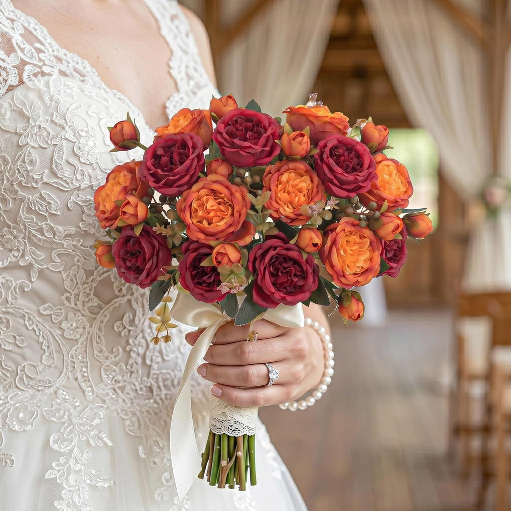 4-Bunch Burgundy and Orange Artificial Peony Bouquet for Fall Decor - Set of 4
