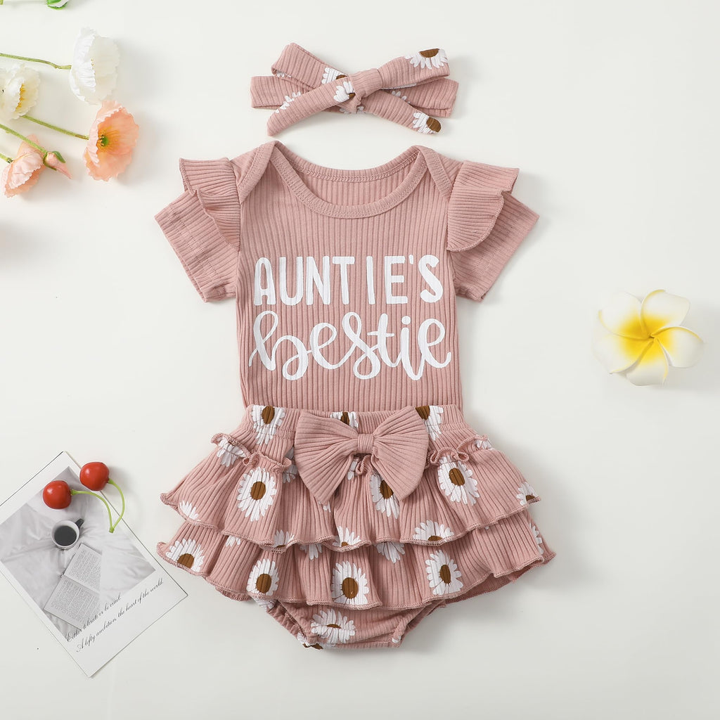 Aunties Bestie Baby Girl Clothes Aunt Saying Letter Romper Tiered Ruffle Daisy Skirt Skort Newborn Coming Home Outfit