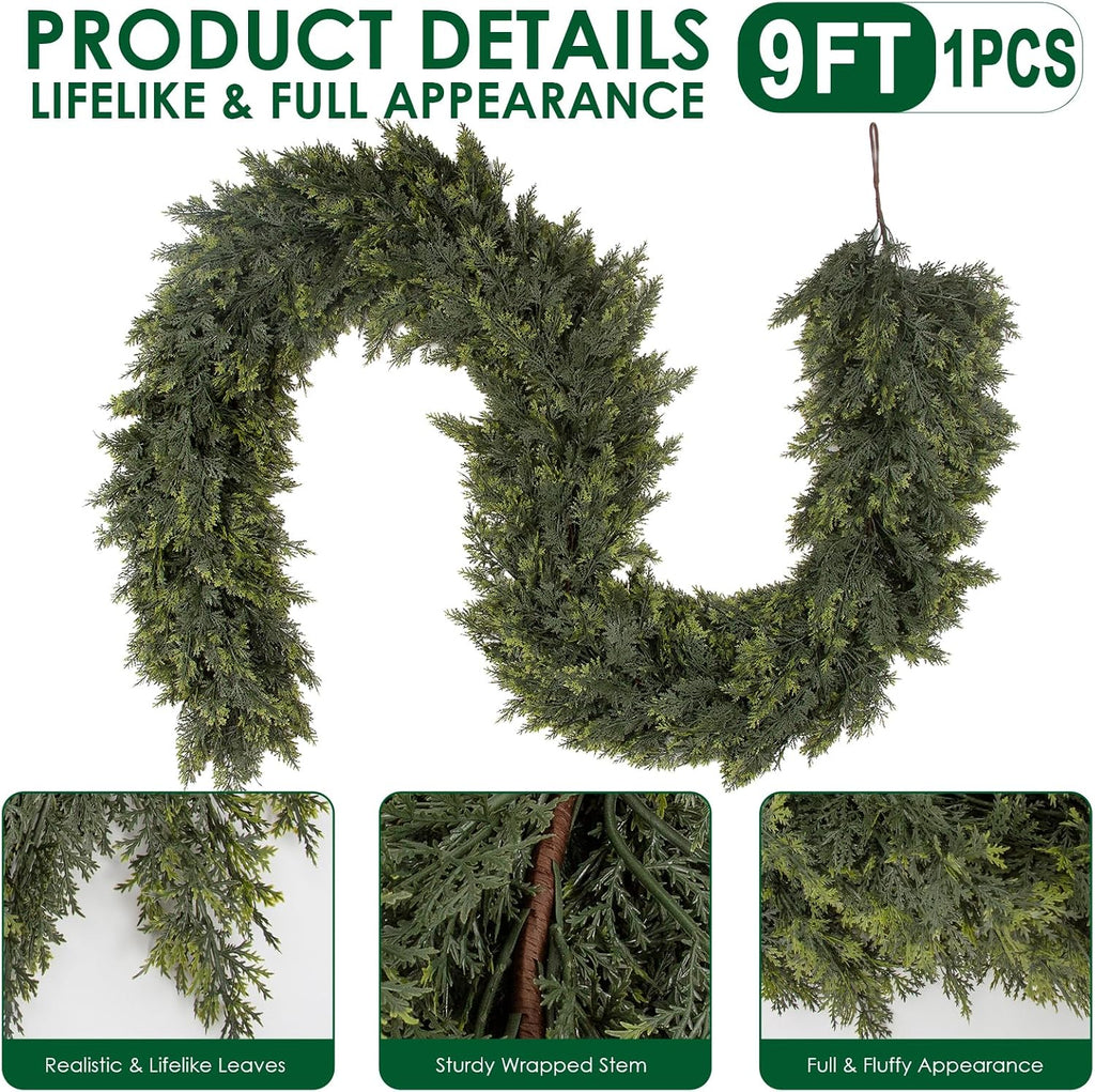 9FT Artificial Cedar Garlands, Real Touch Soft Cedar Pine Garland, Winter Artificial Greenery Garland for Fireplace