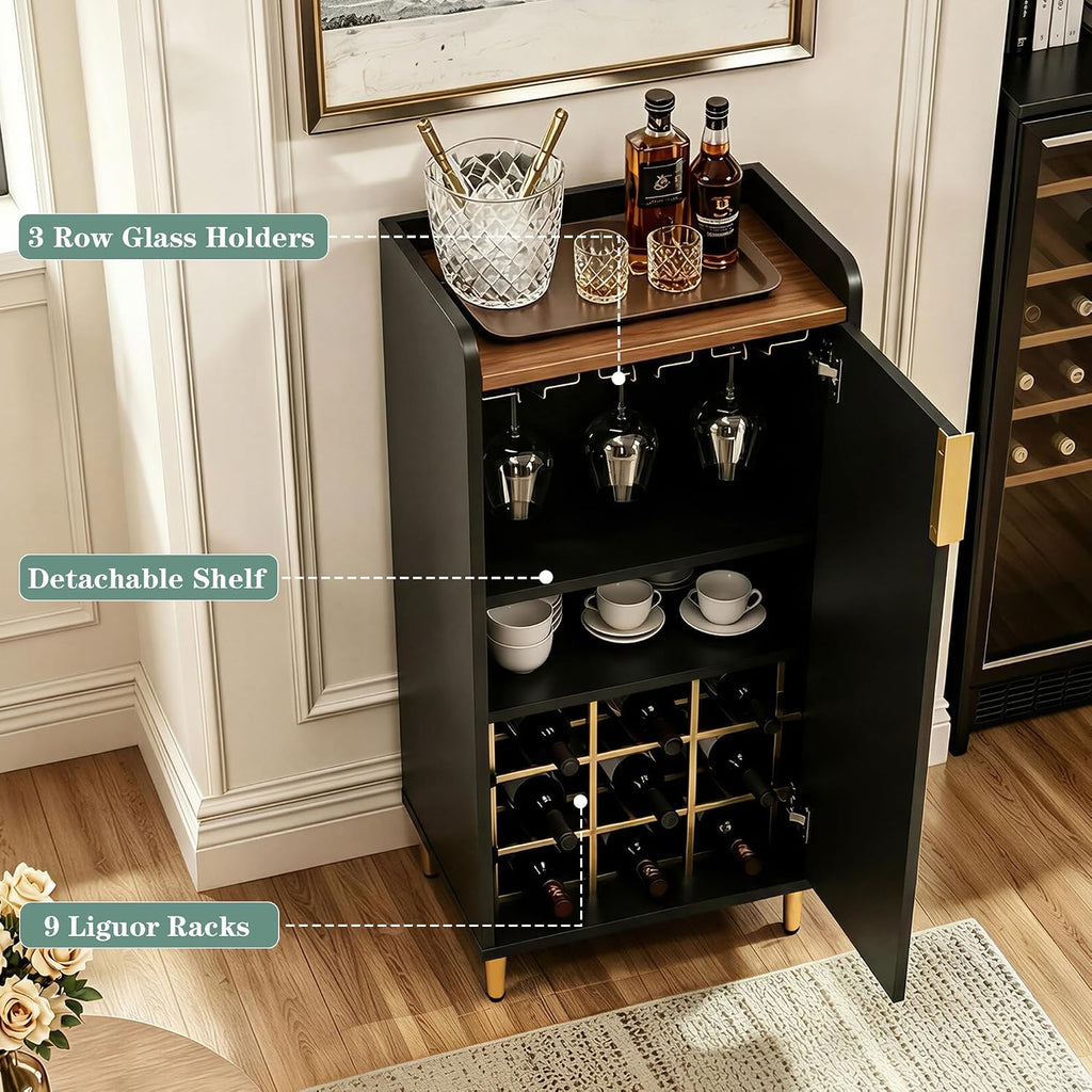 Mini Bar Cabinet , Fluted Wine Bar Cart with Wine Racks & Wine Glass Holder, Modern Corner Liquor Cabinet (Black)