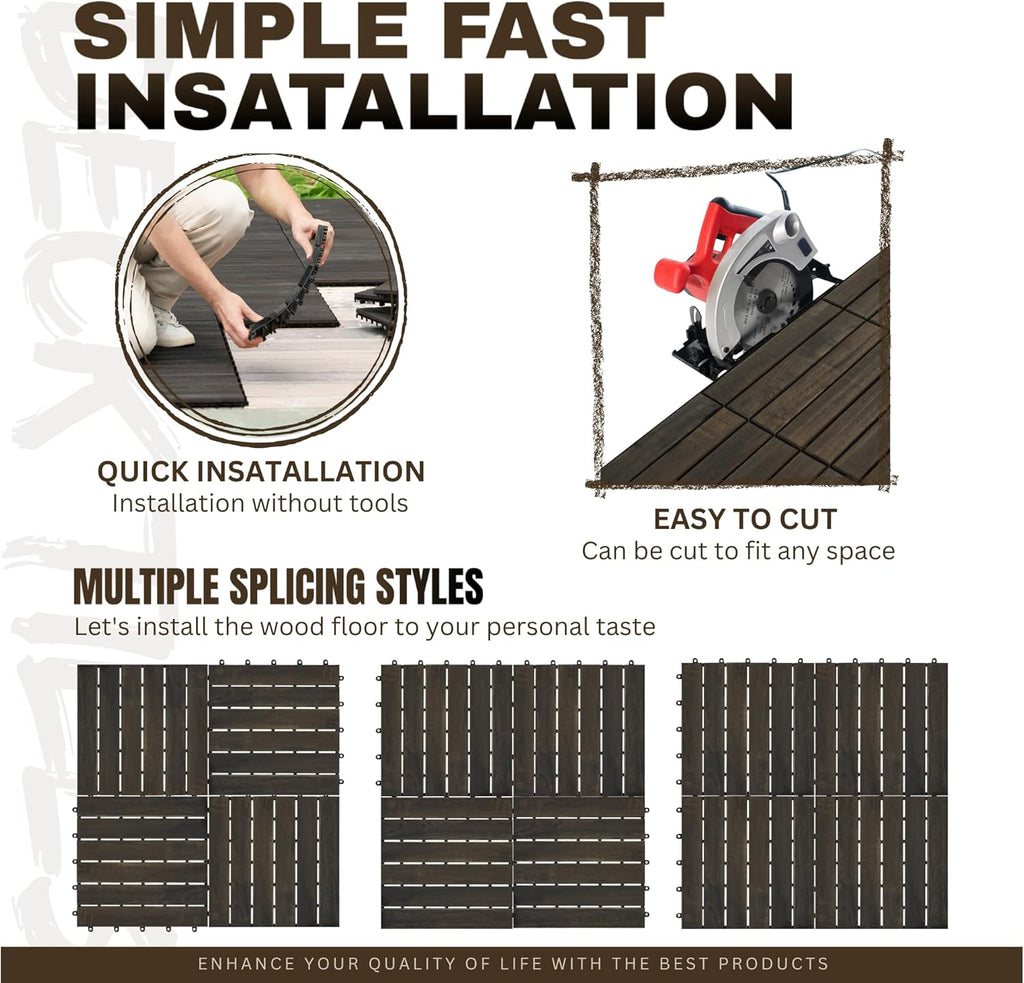 Interlocking Deck Tiles, Acacia Hardwood Outdoor Flooring, Dark Brown Deck Tiles, 12 12 Inch Striped Patio Floor Tiles
