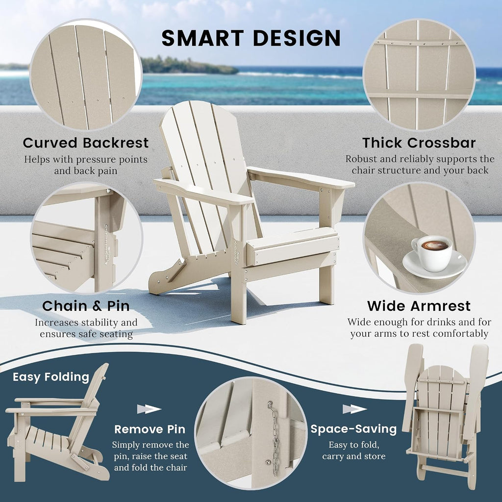 WO Home Furniture Laguna Folding Adirondack Chairs Set of 2, HDPE Patio Chair, All Weather Use Fire Pit Chair for