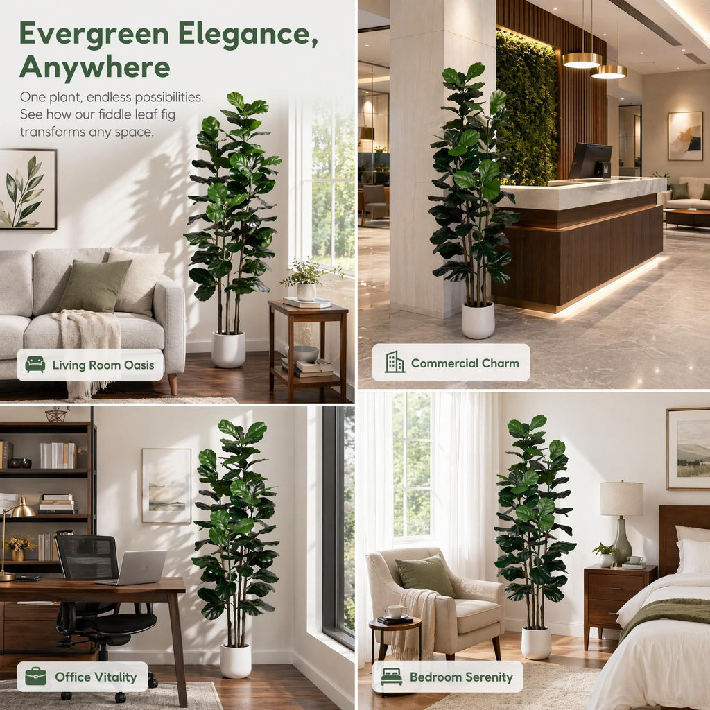 6FT Faux Fiddle Leaf Fig Tree with White Planter Pot, Fake Tree with 4 Trunks, Faux Floor Plant, Indoor and Outdoor