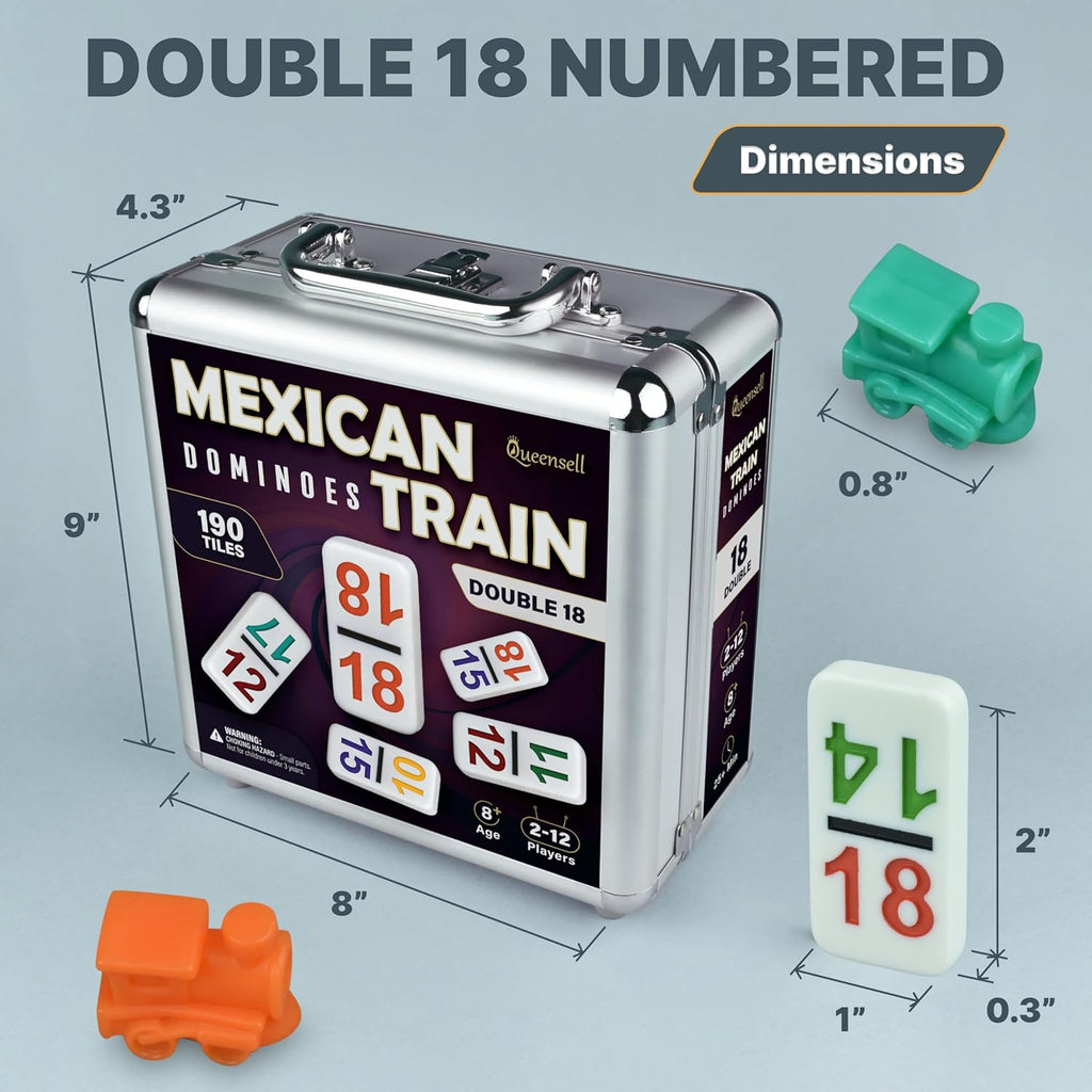 Mexican Train Dominoes Set with Numbers - Double 18 Dominos Set for Adults and Kids - Mexican Dominoes Train Game