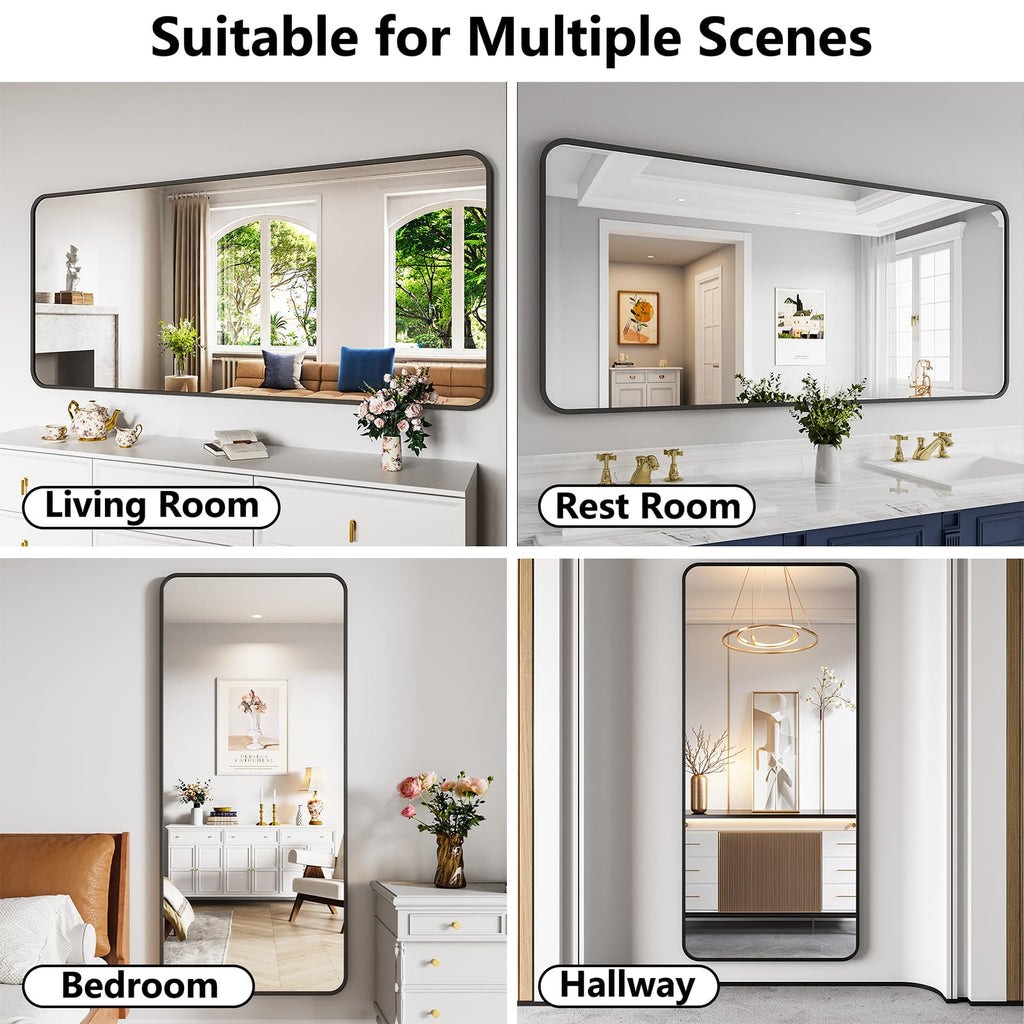 Bathroom Mirror, 32X72 Brushed Black Rectangle Wall Mirror, HD Tempered Glass, Anti-Rust Frame Vanity Mirror, Rounded