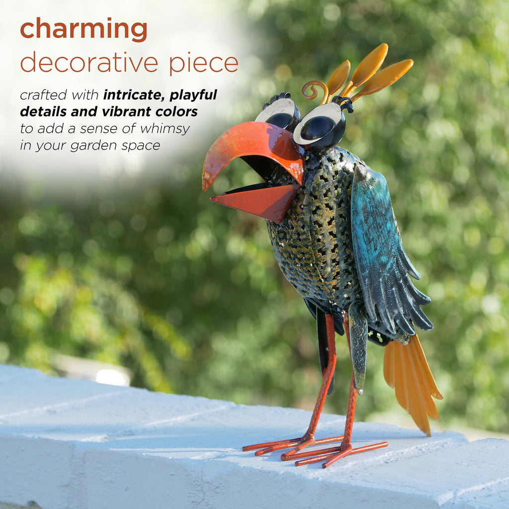 12" Tall Outdoor Metal Wide-Eyed Bird Standing Yard Statue Decoration, Multicolor
