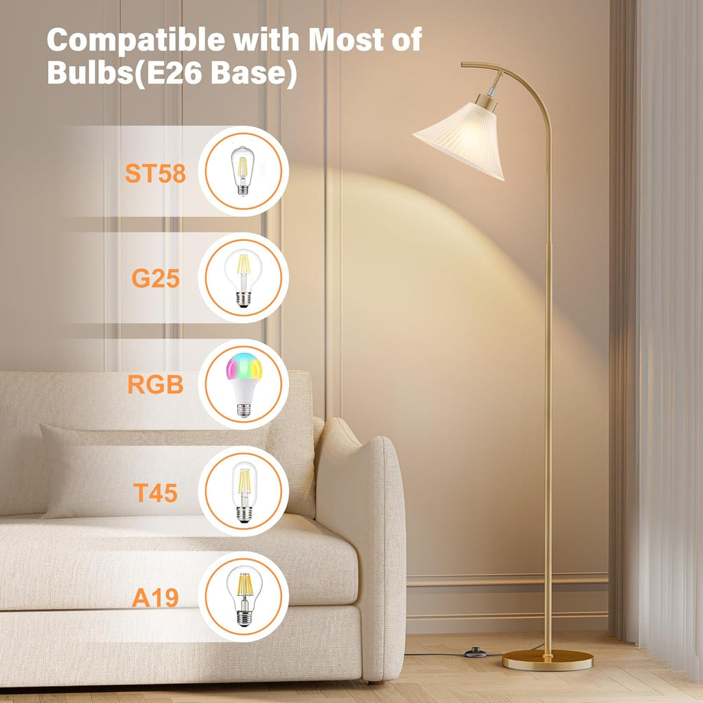 Glass Floor Lamp, Dimmable Gold Standing Lamp with Remote & Foot Switch, Ribbed Frosted Glass Shade