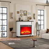 Farmhouse Electric Fireplace TV Stand with Mantel, White Entertainment Center with 23 Inch Fireplace Heater and Rolling Base for Living Room or Bedroom