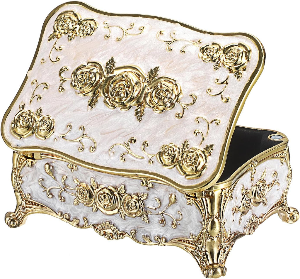 Metal Jewelry Box with Rose Pattern - Vintage Gold Trinket Organizer