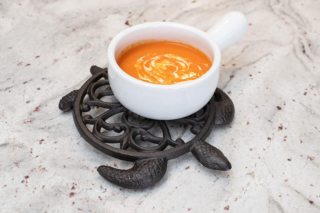 Cast Iron Trivet for Hot Dishes, Pots, and Pans, Metal Trivet, Sea Turtle Design, Rubber Feet Caps, Ring Hanger, 8.25