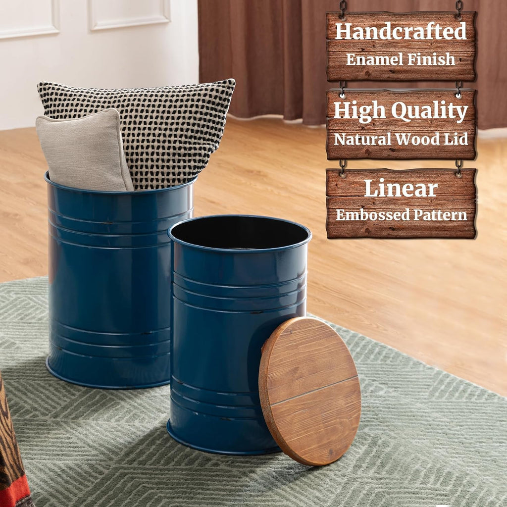 Nesting Tables, Round Coffee, Set of 2 Metal Farmhouse Small Accent End with Storage and Lid Office Plant Stander