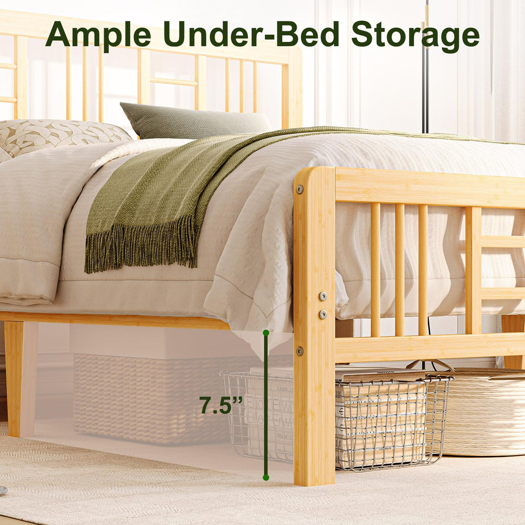 10 Inch High Solid Bamboo Wood King Size Bed Frame with Headboard and Footboard, Platform King Bed Frame with Metal