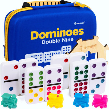Double 9 Dominos Set for Adults and Kids with Colored Dots - Classic Dominoes Game Set with 55 Tiles, Wooden Hub