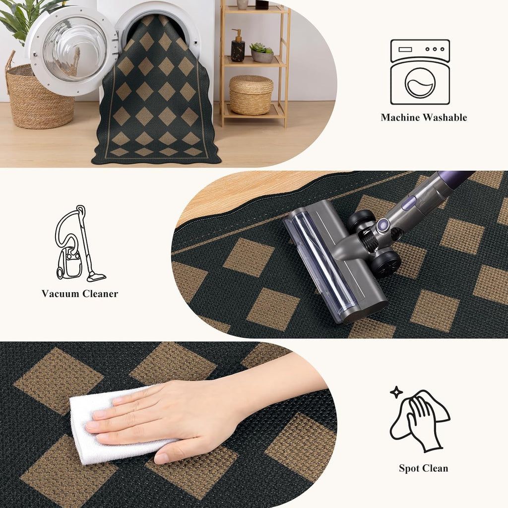 Checkered Hallway Runner Rug 2x6, Non Slip Washable Mat, Black