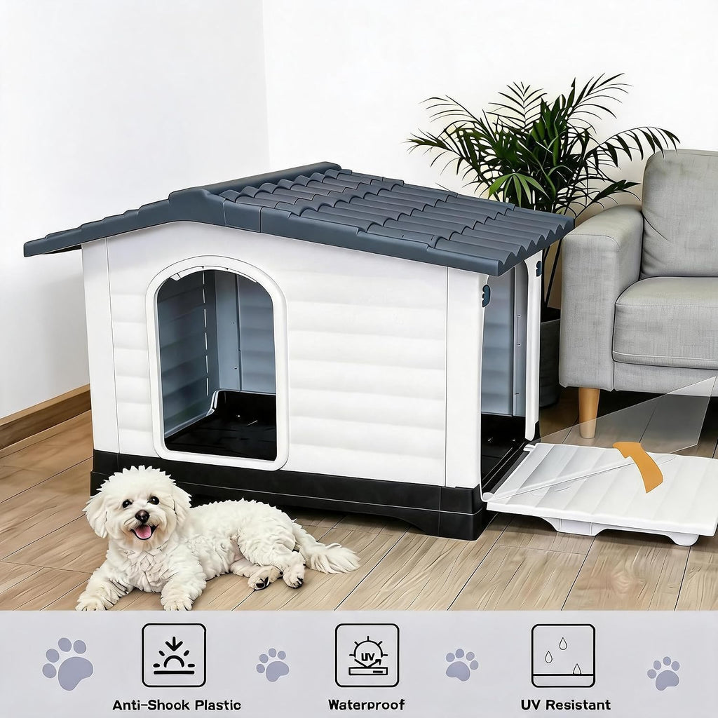 2-Door Large Dog House for Indoor and Outdoor Dog House with Fold-Out Porch Elevated Base, Waterproof Pet House