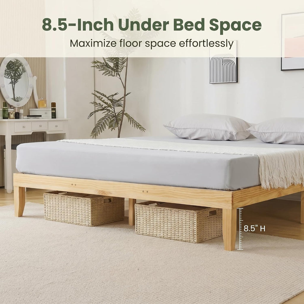 King Size Japanese Natural Pine Wood Bed Frame, Mid-Century 12 inch H Low Platform Beds, 8.5 inch Under Bed Storage