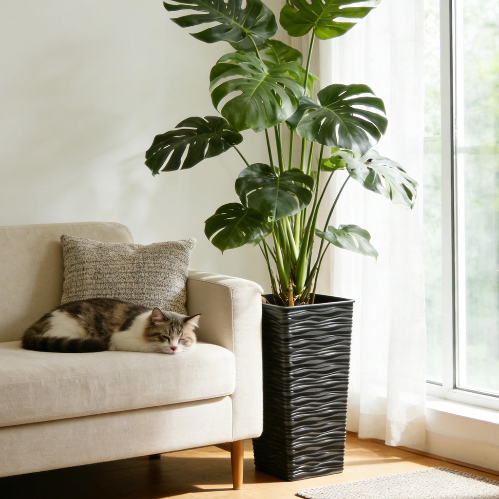 2 Pack 22" Tall Plastic Square Tapered Planter with Inside Pots for Indoor or Outdoor Use, Modern Wavy Finish for