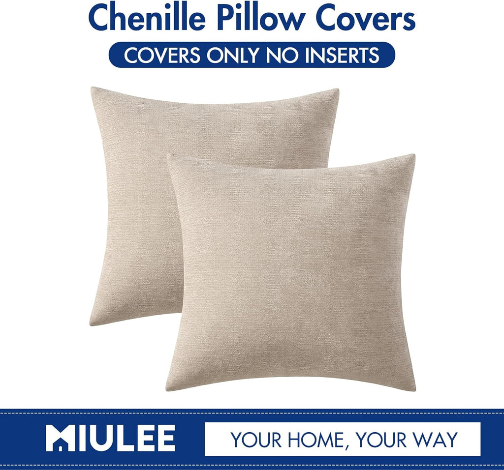 Pack of 2 Beige Decorative Pillow Covers 18x18 Inch Soft Chenille Couch Throw Pillows Farmhouse Cushion Covers