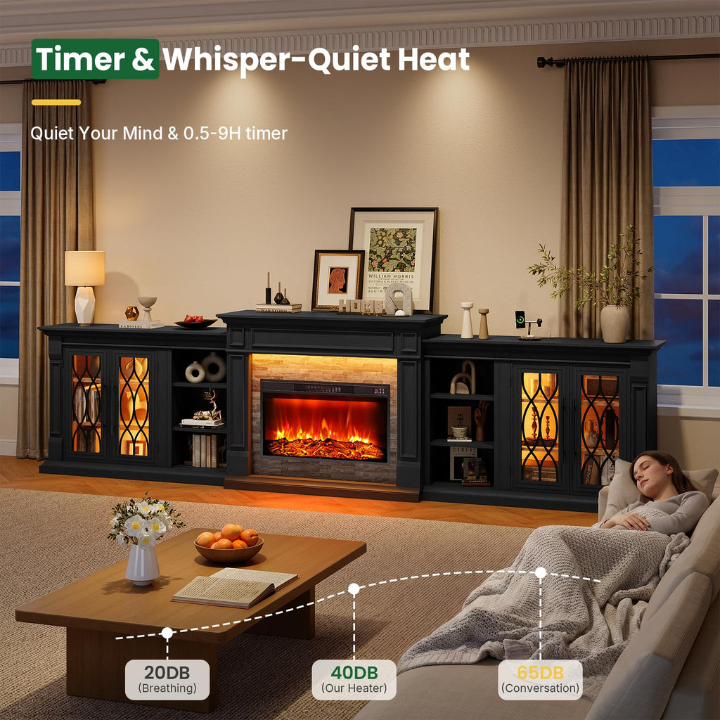 136" Fireplace TV Stand, 3-in-1 Modular: Mantel+ Bookcases+ Cabinets