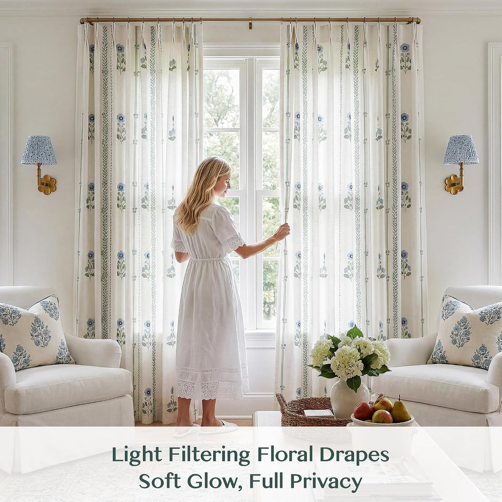 Pinch Pleated Curtains for Living Room Bedroom Dining Room - 84 Inches Light Filtering Floral Curtains Luxury Linen