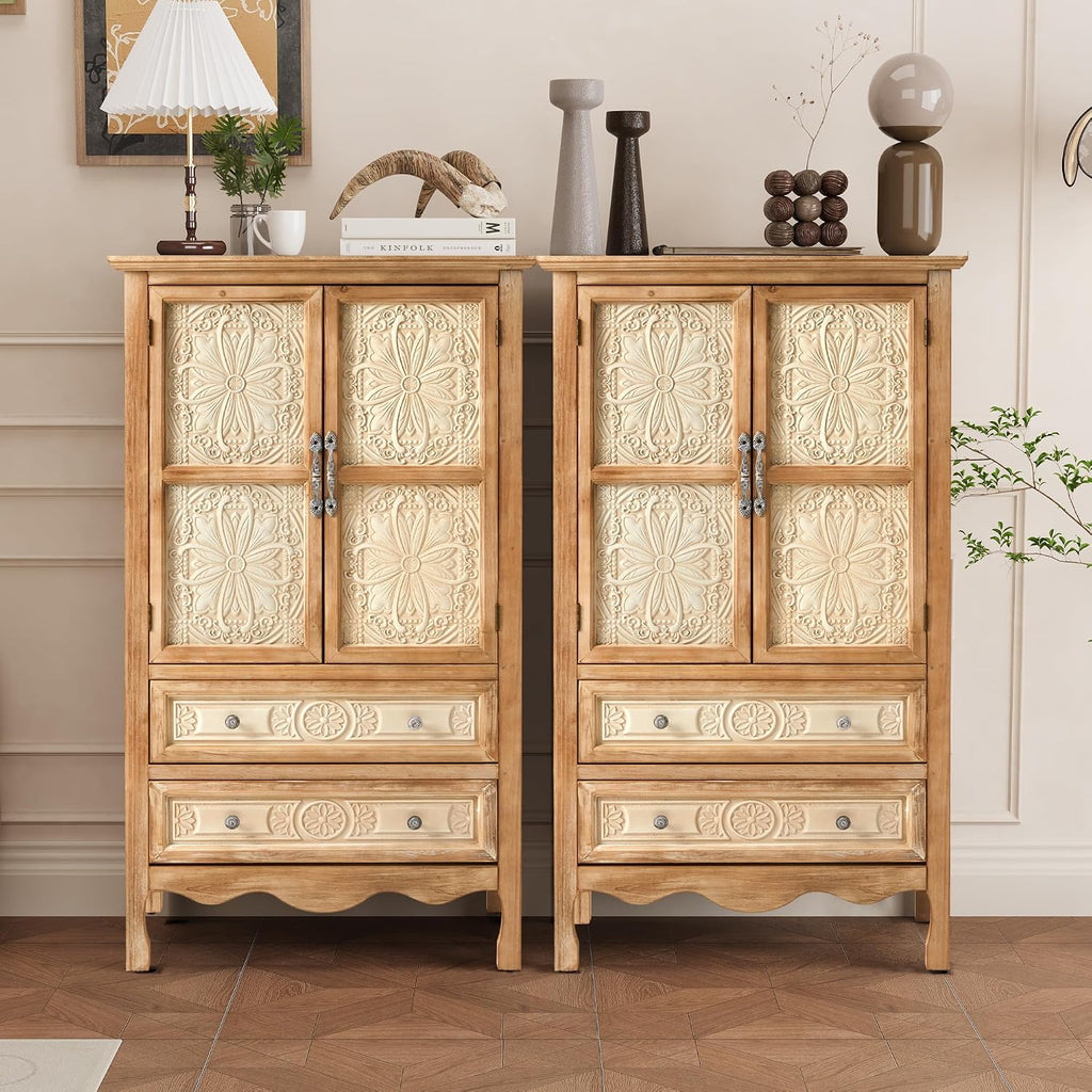 48" Tall Accent Cabinet with 2 Carved Doors and 2 Drawers, Wood Vintage Cabinet with Storage, French Country