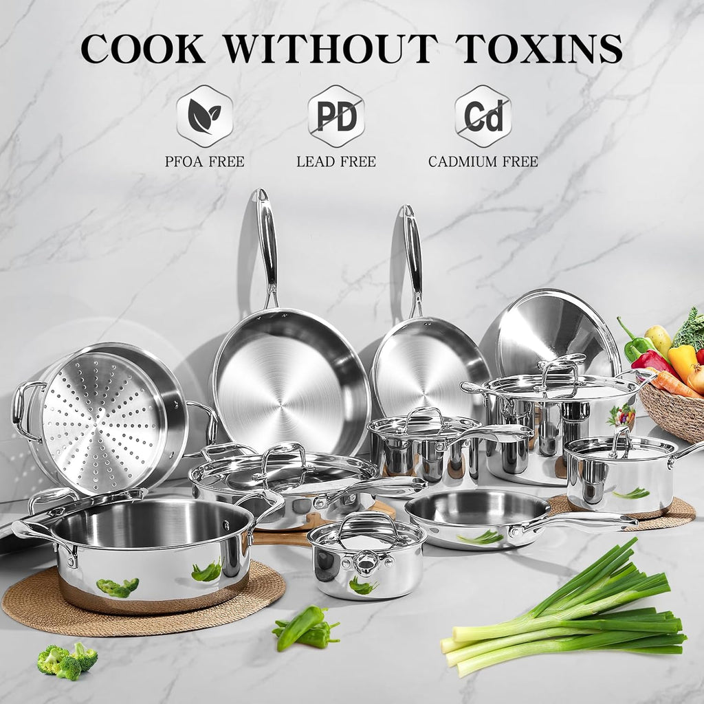 Stainless Steel Cookware Set, 3 Ply 17 Piece Stainless Steel Pot and Pan Set, Oven Dishwasher Safe | Induction