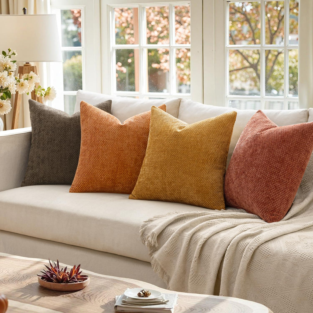 Decorative Chenille Fall Pillow Covers Orange Brown 18x18 Pack of 4