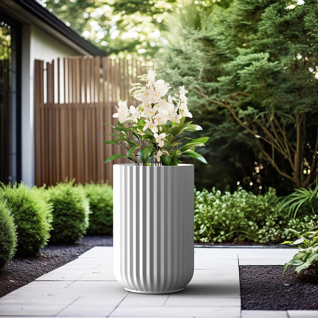 Large Round Column White Concrete Planter 21.7" Tall, Outdoor