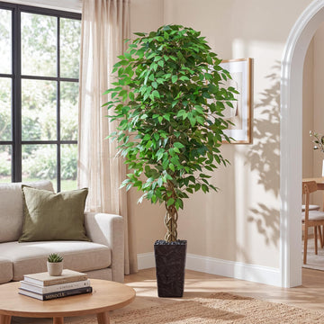Artificial Ficus Tree 7FT, Large Fake Tree Decor (Black Planter)