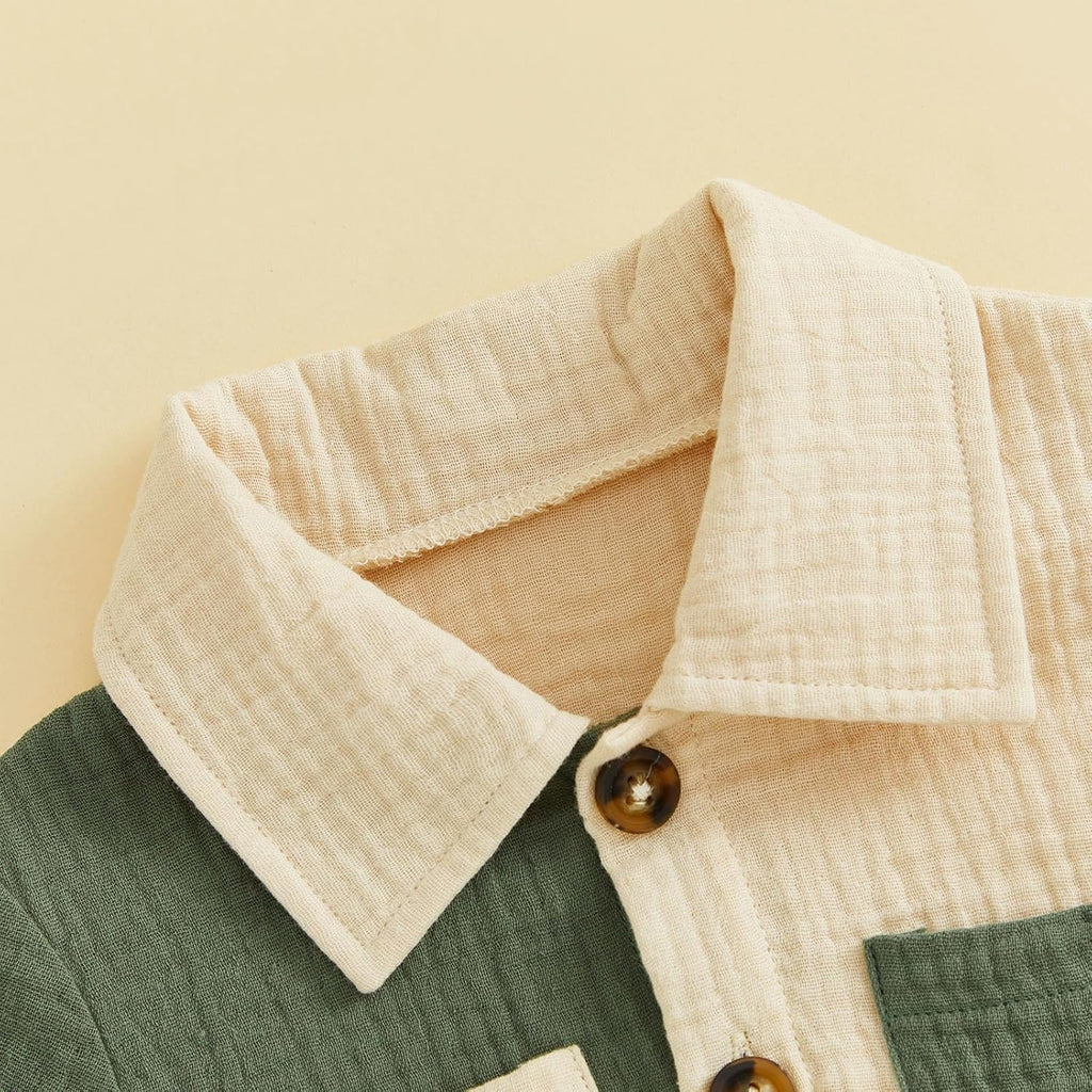 Baby Boys Summer Outfit Color Blocking Button Down Shirts + Shorts Cotton Gauze 2PCS Toddler Clothes Set with Pockets