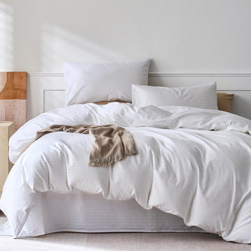 100% Cotton Sateen Striped Duvet Cover Set, White