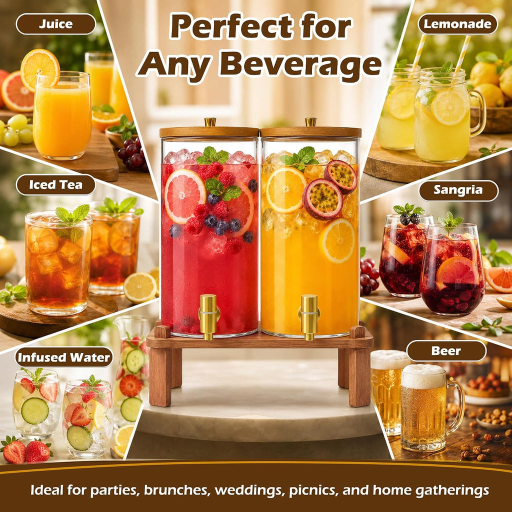 Drink Dispenser, 1.5 Gallon Each with Wood Stand, Juice Lemonade Dispenser with Stainless Steel Spigots, Drink - Set of 2