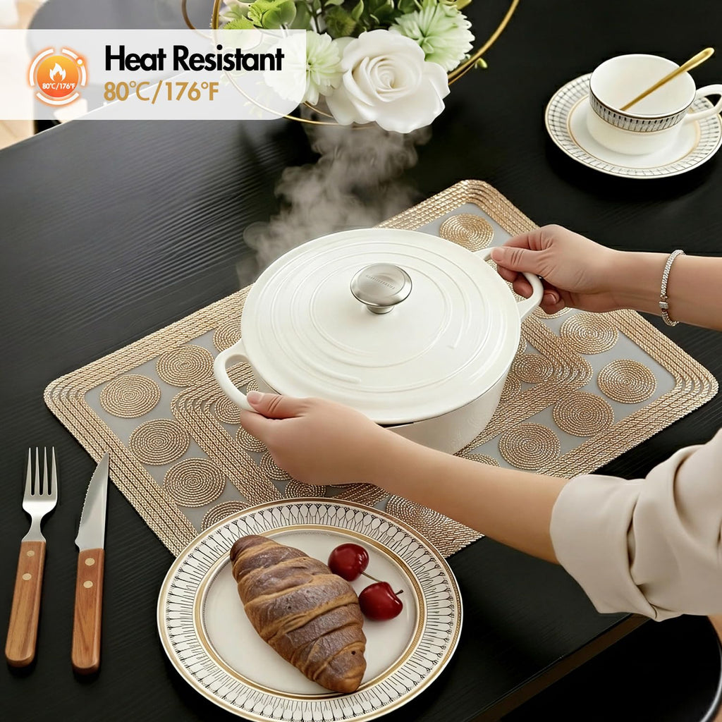 Metallic Gold Placemats Set of 6,Woven Rope Pattern Waterproof PVC Table Mats,Rectangular Washable Non-Slip