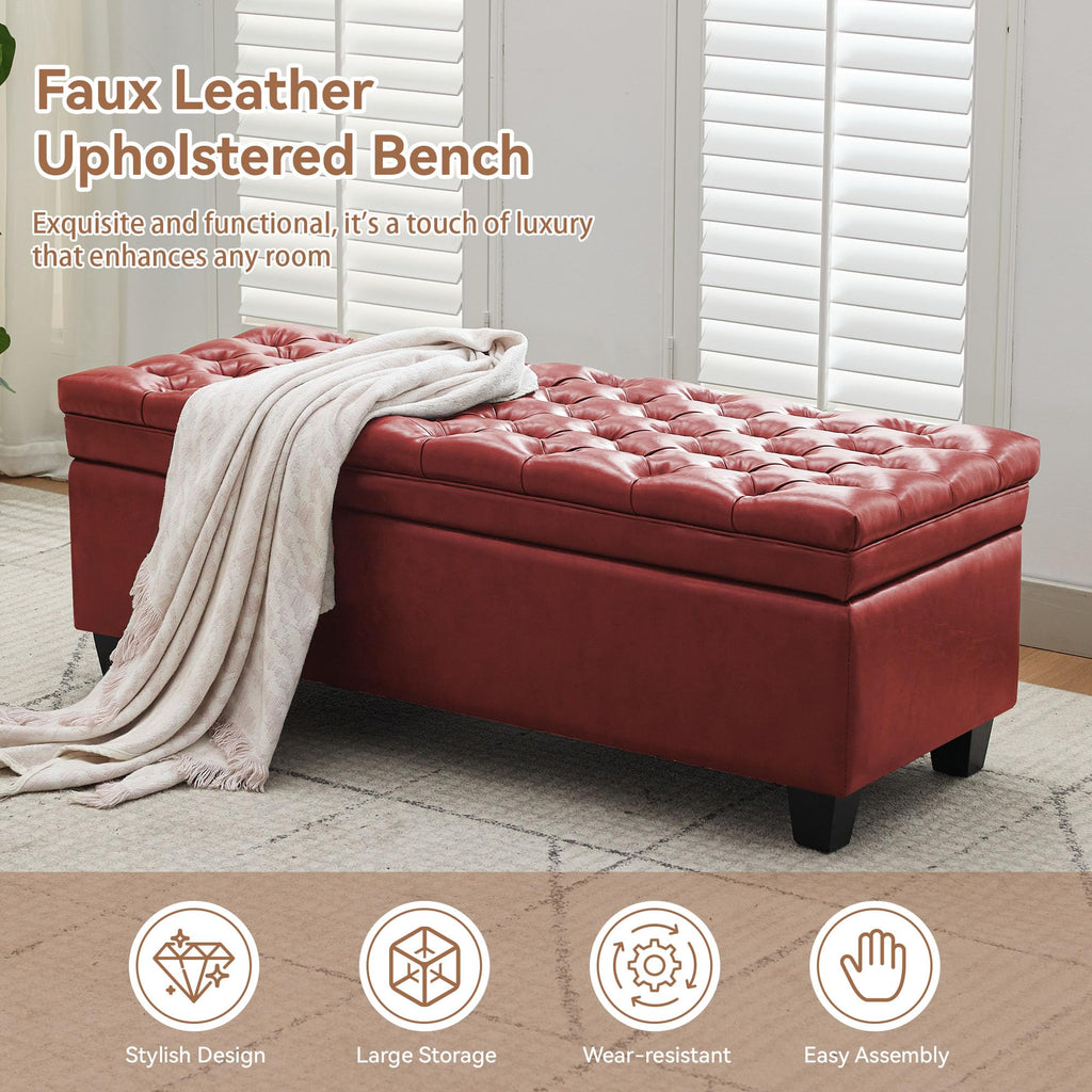 50" Faux Leather Storage Ottoman Bench, End of Bed Upholstered Rectangle Storage Ottoman Tufted Living Room Bedroom