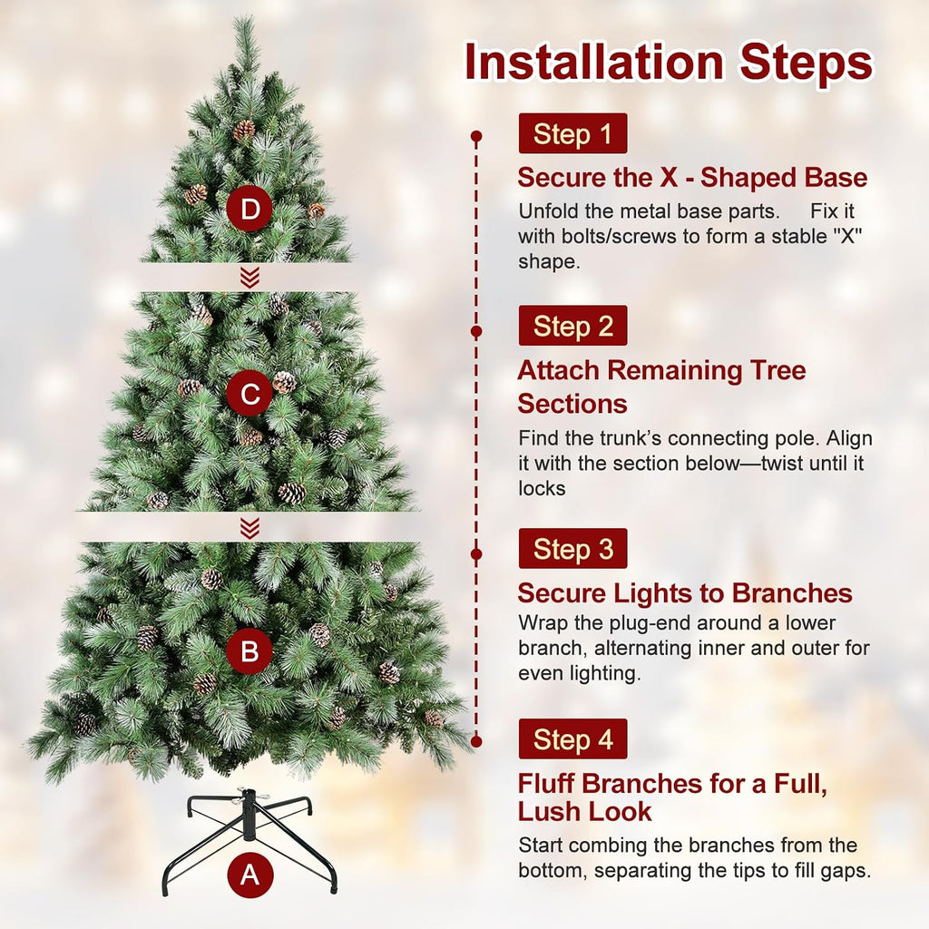 Blusxwish Snow Tips Prelit Christmas Tree with Pine Cones, Premium Artificial Xmas Tree with Warm White Lights